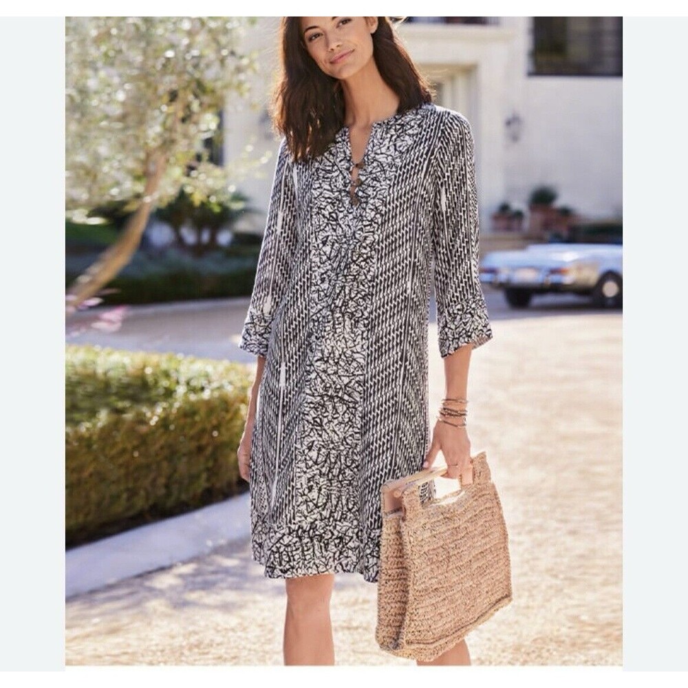 Soft Surroundings Black & White Raven Dress 3/4 Sleeve Womens XS